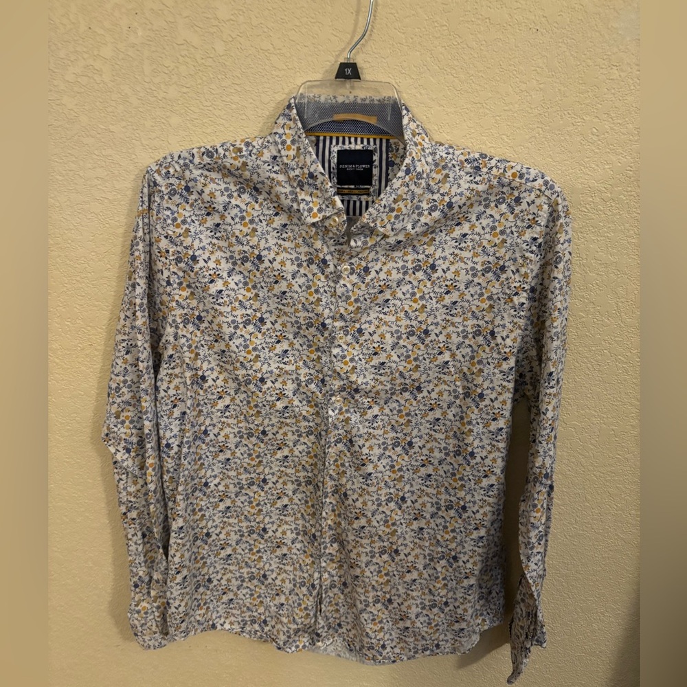 Denim & Flower Brand Floral Button Down Men’s Shirt - Blue and Yellow, Size L